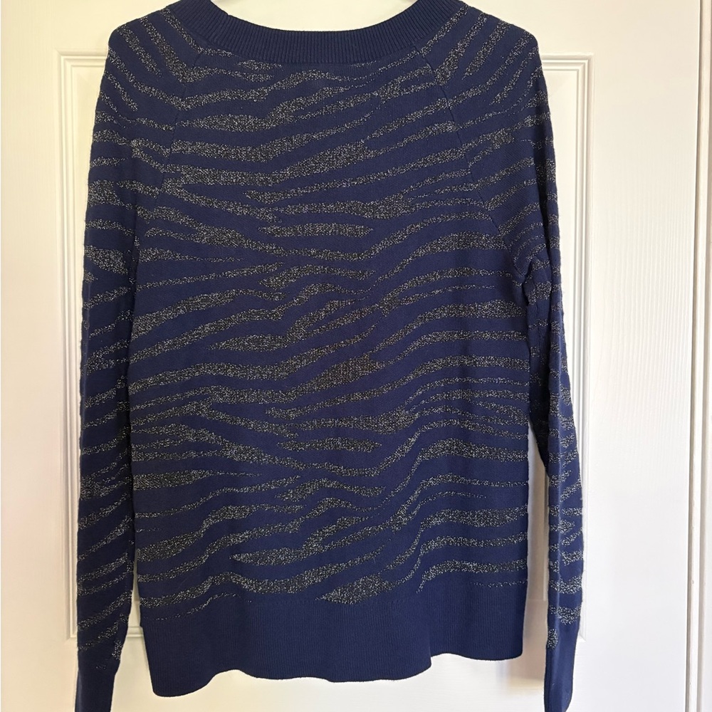 Stella & Dot Navy Crewneck Sweater with Silver Metallic Stripes - Picture 2 of 5